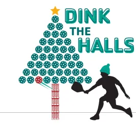 graphic of pickleball themed christmas tree with a sihouette of a pickleball player
